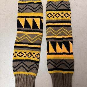 Vintage Hand Knit Leg Warmers, 21" Geometric Tribal Pattern, Mustard & Brown